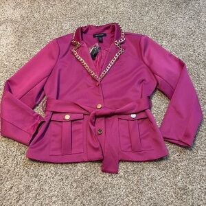 BNWT Ashley Stewart Fuchsia Pink with Gold Chain Pocket Blazer Size 12